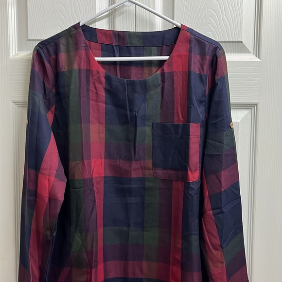 Cupshe Red Green Plaid Long Sleeve Shift Dress NWT - Picture 2 of 14